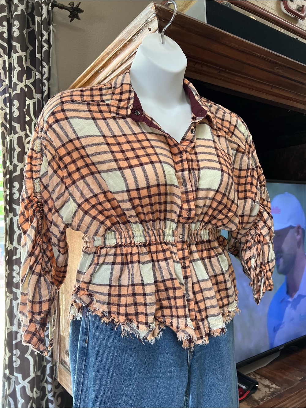 Free People Top M Plaid We the Free Pacific Dawn Drawstring Waist - Picture 3 of 9